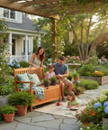 Family enjoying outdoor dope wood storage bench deck box with inner removable dust proof lining and portable handles in eucalyptus wood