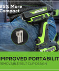 Power Through Anything 24V Brushless Cordless Impact Driver Kit clipped on belt for portability