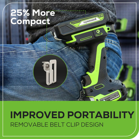 Power Through Anything 24V Brushless Cordless Impact Driver Kit clipped on belt for portability