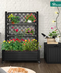 Outdoor Planter Boxes With Trellis Two Pack Resin Raised Garden Beds On Wheels With Drain Plugs For Climbing Plants in Black