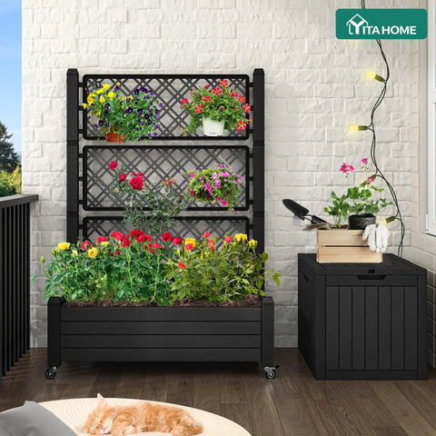 Outdoor Planter Boxes With Trellis Two Pack Resin Raised Garden Beds On Wheels With Drain Plugs For Climbing Plants in Black