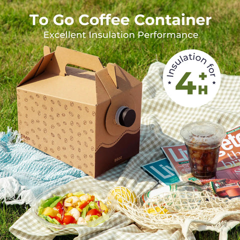 8 Pack 96 Oz Disposable Coffee Dispensers With Handle on picnic blanket with salad and iced drink, featuring insulation