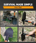 Foldable 18 Inch Survival Shovel With Saw Edge used for digging, weeding, sawing, hoeing; military grade carbon steel tool shown in use.