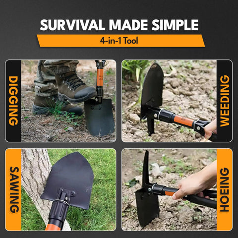 Foldable 18 Inch Survival Shovel With Saw Edge used for digging, weeding, sawing, hoeing; military grade carbon steel tool shown in use.