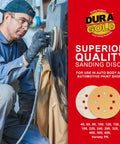 Variety Pack 5 Inch Gold Sanding Discs With 8 Hole Dustless Hook And Loop Backing 10 Each Of 60 80 120 220 320 Grits Box Of 50 For Woodworking And Automotive Refinishing Pro Grade Finishing Set used by auto technician