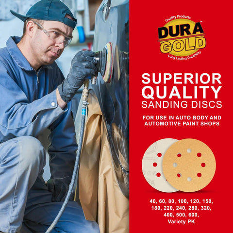 Variety Pack 5 Inch Gold Sanding Discs With 8 Hole Dustless Hook And Loop Backing 10 Each Of 60 80 120 220 320 Grits Box Of 50 For Woodworking And Automotive Refinishing Pro Grade Finishing Set used by auto technician