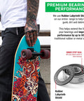 Man holding skateboard with tiger design; Dragon 608 Skateboard Bearings Set 8 Pack shown with text on premium performance.