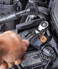 Person using 10mm Flex Head Ratcheting Wrench, 12 Point, Swing Arch Design to adjust fastener in engine bay