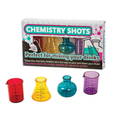 Chemistry Lab Style Shot Glasses Set Of Four In Bright Multicolor Plastic Beakers And Flasks For Parties Includes Beaker Erlenmeyer And Florence Flask Designs packaged