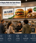 Heavy Duty 65 Inch Wall Mounted Digital Signage Display 4K Menu Board showcasing food images in a commercial setting.