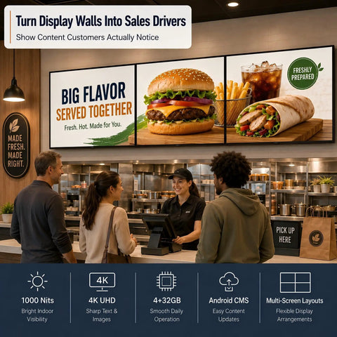 Heavy Duty 65 Inch Wall Mounted Digital Signage Display 4K Menu Board showcasing food images in a commercial setting.