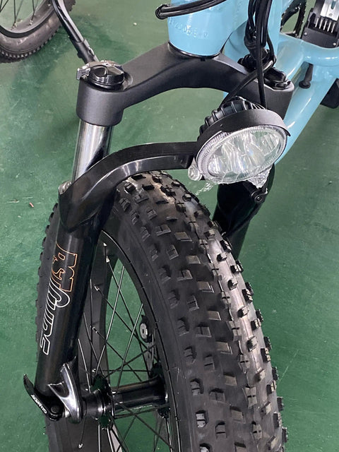 Syvrac Aluminum Suspension Fork For 20 Inch Fat Bikes And Snow Mountain Ebikes, 4.0 Tire Ready, silver-black finish, installed on bike