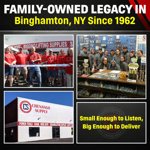 Family-owned legacy in Binghamton, NY since 1962 with staff and store front showcasing rigging supplies.
