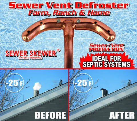 XL Sewer Vent Defroster Skewer For Pipes And Roof Vents Copper Tee Heat Conductor To Melt Ice And Snow Prevent Clogs And Methane Gas Backups Made In USA Durable Copper Construction shown before and after roof installation at -25°F