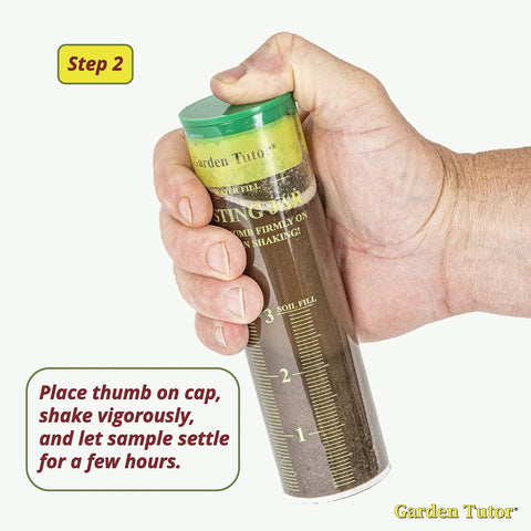 Hand holding DIY Soil Texture Test Kit with calibrated jar to measure soil layers and structure, step 2 of instructions visible.