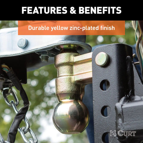 Slim Adjustable Channel Mount With Dual Ball Hitch for Trailers in yellow zinc-plated finish showing 2-inch ball