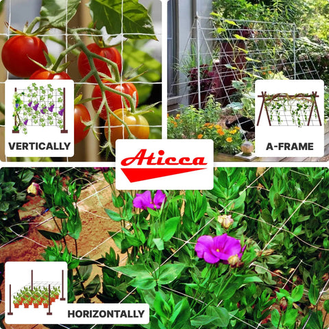 Heavy Duty Garden Trellis Netting 5 By 225 Ft White Polyester Plant Support Netting On Roll With 6 Inch Mesh featuring tomatoes and flowers