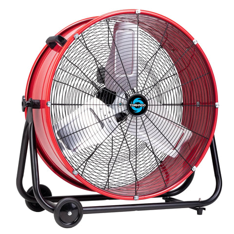 Beefy 24 Inch High Velocity Drum Fan With 8800 CFM, metal blades, red frame, 3 speed tilt, industrial floor fan in focus