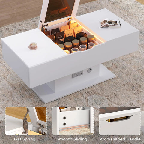 44 Inch LED Coffee Table With 3 Drawers, LED Lights, USB Charging Station And Flip Top Compartment, White, open view