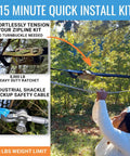 Woman installing Backyard Zip Line Kit For Kids And Adults With 100 120 150 200 Ft Lengths, rustproof hardware shown