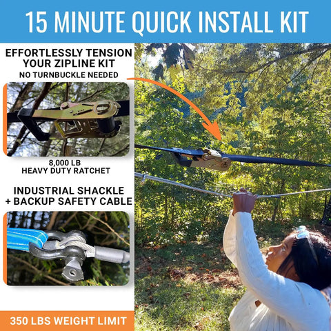 Woman installing Backyard Zip Line Kit For Kids And Adults With 100 120 150 200 Ft Lengths, rustproof hardware shown