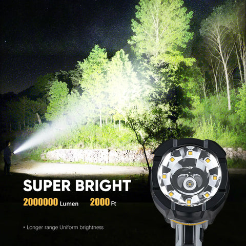 Rechargeable Spotlight 2,000,000 Lumens Beast Bright With 9 LED Plus COB Light illuminating trees at night.