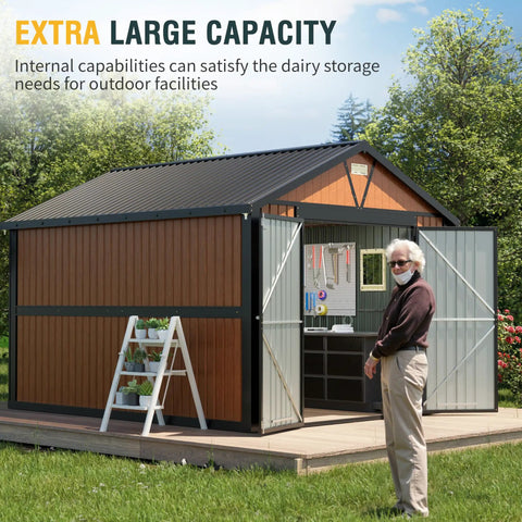 Extra Large 10x12 Outdoor Storage Shed With Lockable Doors, Metal Construction, Two Windows, open doors revealing large capacity.