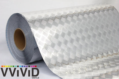 Diamond Plate Vinyl Wrap Roll With Anti Slip Traction Pattern Metallic Chrome Finish Self Adhesive Silver Sheet 17.8in x 50ft
