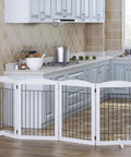 Free Standing Foldable Wire Dog Gate With Four Panels Extra Wide 80 Inch Span And 30 Inch Tall Safety Fence For Doorways Stairs And Rooms Includes Support Feet White in kitchen doorway