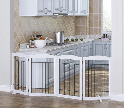 Free Standing Foldable Wire Dog Gate With Four Panels Extra Wide 80 Inch Span And 30 Inch Tall Safety Fence For Doorways Stairs And Rooms Includes Support Feet White in kitchen doorway