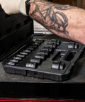 1/2 Inch Drive Impact Socket Set, 19-Piece SAE, Cr-Mo Alloy Steel, Radius Corner Design With Dual Size Markings, open case view