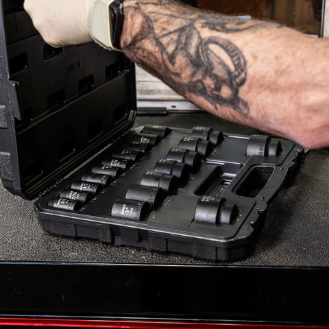 1/2 Inch Drive Impact Socket Set, 19-Piece SAE, Cr-Mo Alloy Steel, Radius Corner Design With Dual Size Markings, open case view