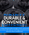 Heavy Duty Black Trash Bags 500 Count 16 To 25 Gallon Garbage Sacks curled in rolls, durable polyethylene material for convenient storage.