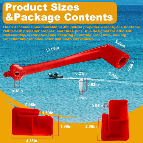 Must-Have Polymer Propeller Wrench Kit 1-1/16 Inch With Prop Stop Block visible with dimensions on blue background.