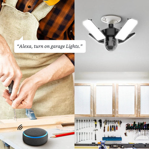 Smart Garage Ceiling Light With Camera And WiFi Security, 12,000 Lumens Dimmable LED above workspace with tools, voice control