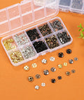 Two Hundred Pcs Fabric Snaps Set in 8mm and 10mm Sizes with Five Color Options for Clothes DIY projects shown in storage box.