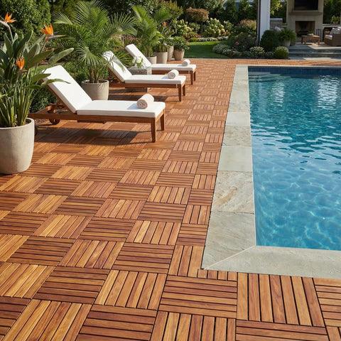 EZ-Floor Interlocking Teak Flooring Tiles With Solid Teak Wood Oil Finish Long Slat Set Of 10 Easy DIY Installation No Tools Needed For Indoor Or Outdoor Use Durable Weatherproof Deck Tiles For Patios Balconies Or Sunrooms