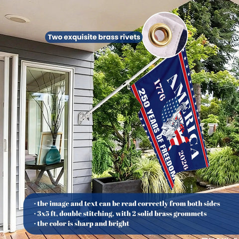250th Anniversary USA Flag 3 By 5 Foot Double Sided All American Flag Commemorating 1776 To 2026 displayed on house wall