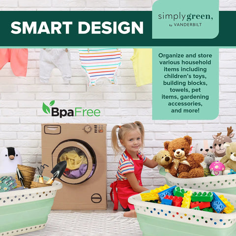 Child playing with Eco Friendly Wheat Straw Collapsible Storage Bin For Home Organization Big 25 Inch Laundry Hamper With Dual Grip Handles Space Saving Foldable Container In Green filled with toys and clothes.