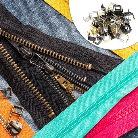 60 Piece Zipper Stopper Kit With Top And Bottom Zipper Stops For Bags Coats And Jackets, Bronze Color Replacement Zipper Repair Accessories, Includes Four Feet Top And Bottom, Perfect For Size 5 Zippers displayed with colorful zippers