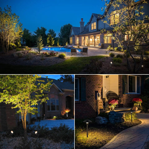 Low Voltage Landscape Lighting Kit 12V With 8 Path Lights And 4 Spotlights illuminating patio, yard, garden at night