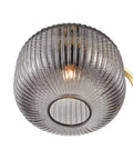 Close-up of smoky etched glass dome on Etched Glass Floor Lamp With Brushed Brass Finish Smoke, Retro Vibe Meets Mid Century Modern Style