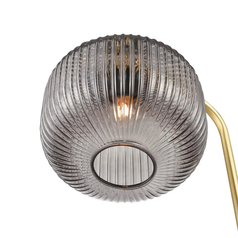 Close-up of smoky etched glass dome on Etched Glass Floor Lamp With Brushed Brass Finish Smoke, Retro Vibe Meets Mid Century Modern Style