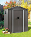 Outdoor Metal Tool Shed 5x3x6 Ft With Lockable Door And Side Window Waterproof Steel Garden Storage Shed in a backyard