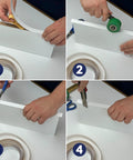 Hands applying White Heavy Duty PVC Edge Banding Tape, Three Quarter Inch By 25 Feet Long, for easy cabinet repair.