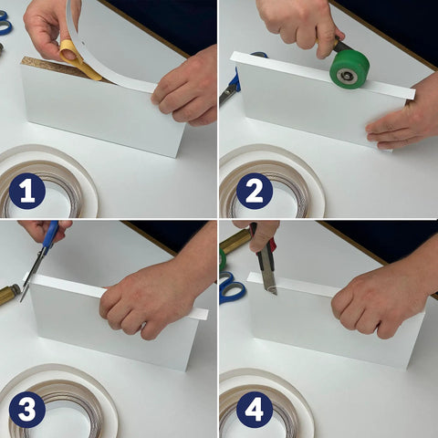Hands applying White Heavy Duty PVC Edge Banding Tape, Three Quarter Inch By 25 Feet Long, for easy cabinet repair.