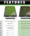 Comparison of Premium Synthetic Turf Golf Hitting Mats, showing Lite and Pro versions with features and 16mm true turf surface.
