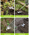 15 Inch Weed Puller Tool With 6 Tine Deep Root Remover Stainless Steel Hand Weeder With Ergonomic Soft Grip shown in garden use
