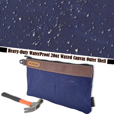 Four Pack 12 Inch Waxed Canvas Tool Pouches with Zippers Heavy Duty Waterproof Outdoor Tool Bags Set shown with a hammer.