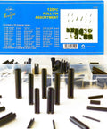 120 Piece Roll Pin Set In Heat Treated Spring Steel With Ten Diameters And Eleven Lengths Pro Grade Slotted Pin Assortment In Durable PP Storage Case For Fast Access And Easy Identification displayed with open case and various sized pins.